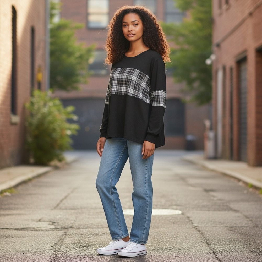 Bloomchic Top 28 Black Excellent Plaid Panel Long Sleeve Relaxed Fit Mixed Media